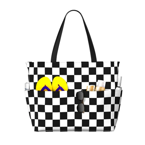 RAAPSBRW Check Black White Checkered Pattern Checkerboard Beach Bag Women Tote Bag Pool Bag With Zipper For Gym Grocery Travel With Wet Pocket