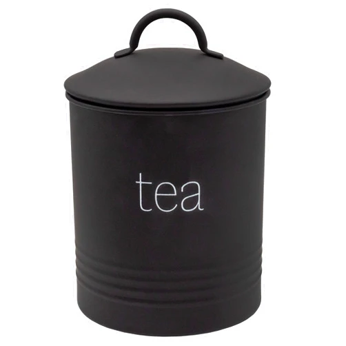 AuldHome Design Enamelware Black Tea Canister; Large Modern Farmhouse Style Tea Storage for Kitchen