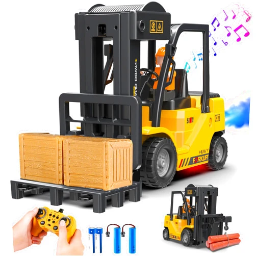 VWAHNANA RC Forklift Truck, 2 in 1 Transform Lift Fork & Hook, Kids Forklift Toy, 11 Channel Remote Control Forklift for Adults, 2 Battery, Spray, Light, RC Construction Vehicles Toy Gift for Kids 6+