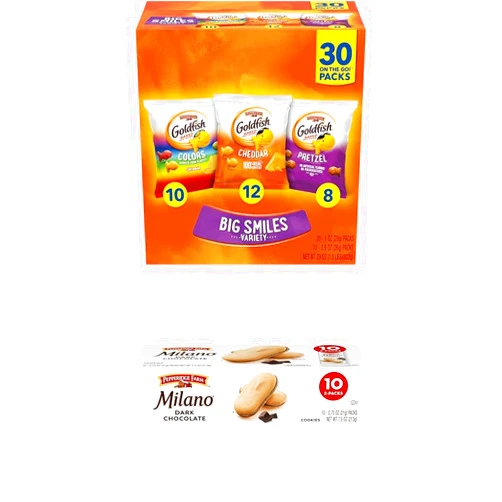 Goldfish Crackers Big Smiles Variety Pack with Cheddar, Colors, and Pretzels, Snack Packs, 30 Ct and Pepperidge Farm Milano Cookies, Dark Chocolate, 10 Packs, 2 Cookies per Pack