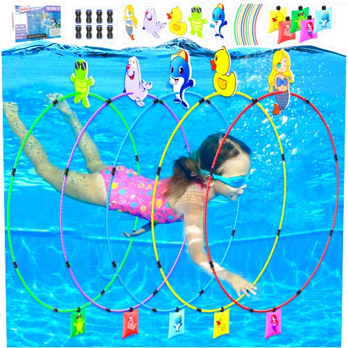 Gushu Diving Toys 15 PCS Pool Toys for Kids Age 4-8 8-12 Water Swim Thru Rings with Buoys and Sandbags Underwater Training Program Swimming Pool Games Water Sports Gifts