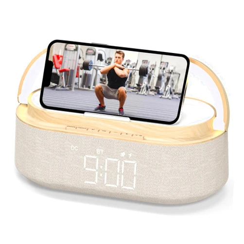 FREEFISH Bluetooth Speaker with Wireless Charger, FM Radio, Adjustable LED Night Light, Dual Wireless Speakers, Suitable for Home Decoration, Bedroom, Office, Gift（Wooden）