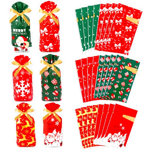 FANOST 24 Pieces Christmas Gift Wrap Bags Plastic Christmas Drawstring Candy Treat Cookie Pouch Bags Bulk for Merry Xmas Christmas Party Santa Snowflakes Goodie Bags Fillers Party Favors Supplies