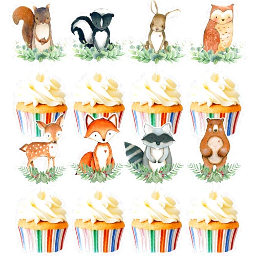 KITMOUS 48pcs Animal Cupcake Toppers, Woodland Theme Baby Shower Decorations Woodland Creatures Baby Shower Forest Animal