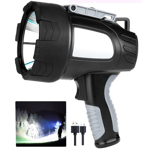 LBE Rechargeable Spotlight Outdoor,1000,000 Lumens Led Spotlight Flashlight with Cob Light and Foldable Tripod, 6 Modes Waterproof Handheld Spot Light for Outdoor Marine Boating Hunting