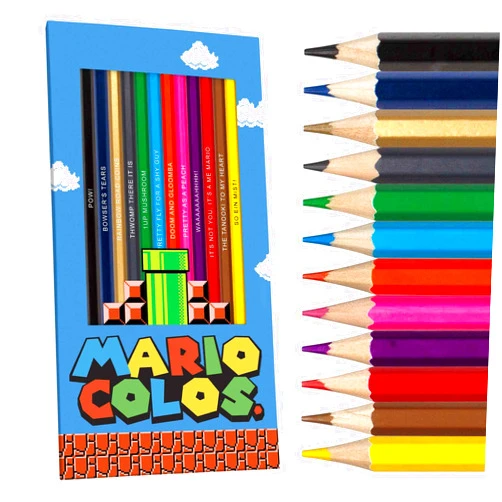 Pun Labs Mario Colos. Colored Pencil Set for Fans | Set of 12 Mario-Inspired Parody Pencils | Each Color Pencil is Foil-Stamped with Clever Game References | Great Gift for Fans & Gamers