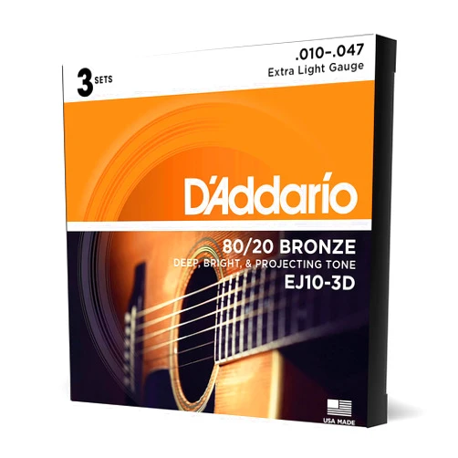 D'Addario Guitar Strings - Acoustic Guitar Strings - 80/20 Bronze - For 6 String Guitar - Deep, Bright, Projecting Tone - EJ10-3D - Extra Light, 10-47 - 3-Pack