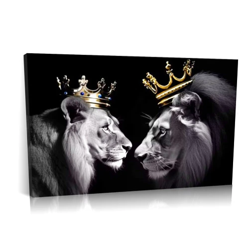 LYUNSHUO Lion Picture Wall Decor Canvas Wall Art Black and White Animal Poster Lion King and Queen Painting Prints Modern Artwork for Living Room Bedroom Home Office Decor Framed(Lion-2,12.00
