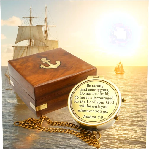 OCEAN REPLICAS Be Strong and Courageous Compass – Antique Nautical Magnetic Compass with Engraved Scripture Quote – Baptism Gift with Wooden Box for Son, Father, Husband, Loved One