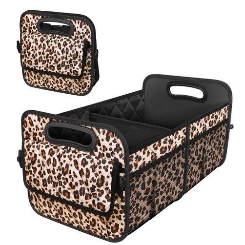 Deosk Car Trunk Organizer with 6 Big Pockets - 70L Waterproof Polyester Storage for SUVs, Minivans, Trucks - Car Accessory for Women and Men (Large, Leopard Print)