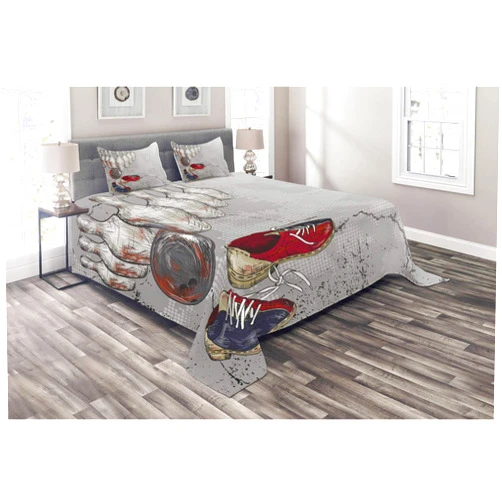 Ambesonne Bowling Party Coverlet, Bowling Shoes Pins and Ball in Grunge Style Print, 3 Piece Decorative Quilted Bedspread Set with 2 Pillow Shams, King Size, Pale Grey Red and Dark Blue
