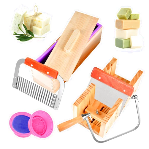 Worldity Soap Cutter -Silicone Silicone Soap Loaf Molds Wood Box- Handmade Flexible Rectangular Soap Molds for Soap Making- Stainless Steel Wavy & Straight Scraper for Soap Cake Making