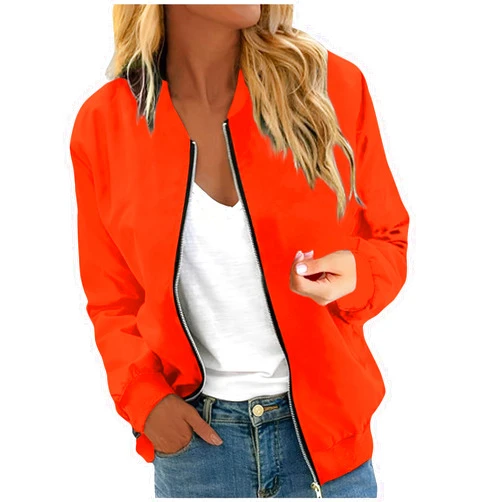 RODYETQQ Jackets for Women Lightweight Zip Up Bomber Jacket with Pockets Stand Collar Windproof Outwear Fashion Fall Coat