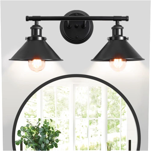 TOULMJ Bathroom Light Fixtures Farmhouse Vanity Lights, 2 Light Bathroom Lighting Fixtures Over Mirror Bathroom Wall Sconces with Metal Shade, Matte Black Vanity Lights for Bathroom (19.48'')