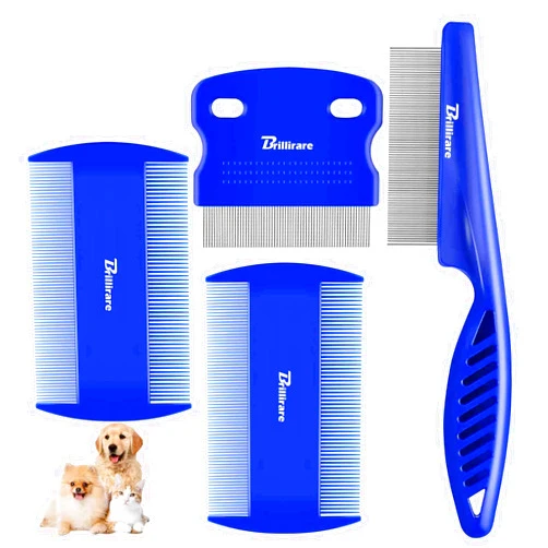 BRILLIRARE 4 Pack Dog Grooming Comb, Pet Flea Lice Combs, Stainless Steel Cat Combs with Rounded Teeth, Double Sided Professional Pet Tear Stain Remover, Dematting Tool for Small, Medium & Large Pets