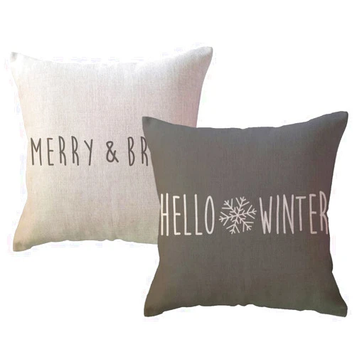 ULOVE LOVE YOURSELF Hello Winter Throw Pillow Cover 18x18 Inches Grey Merry&Bright Christmas Decor Pillowcases Winter Holiday Decorative Cushion Covers 2Pack for Sofa/Couch/Porch