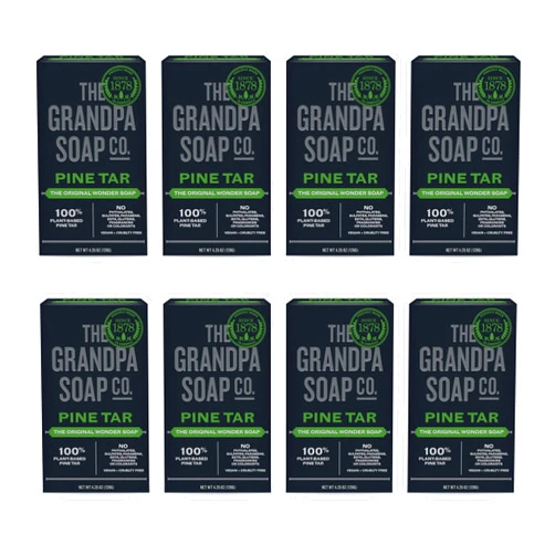 The Grandpa Soap Company Pine Tar Bar Soap for Men- Made With Pine Tar Oil, 3 in 1 Cleanser Deodorizer and Moisturizer, Dermatologist Tested, Safe for Sensitive Skin, 4.25 Oz, 8 Pack