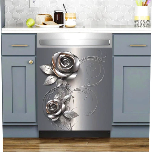 GUHOT Silver Flower Dishwasher Decorative Cover,Gray Rose Pattern Stainless Steel Sticker for Appliances,Floral Refrigerator Wrap,Roses Flowers Stainless Steel Contact Paper Kitchen Decor