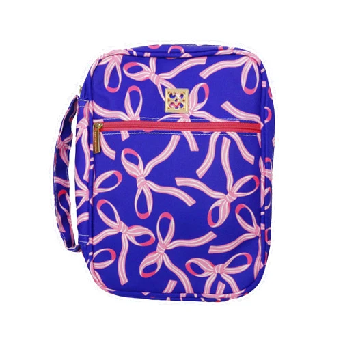Mary Square Regal Blue Pink Bows 10 x 9 Canvas Zippered Bible or Book Cover with Handle