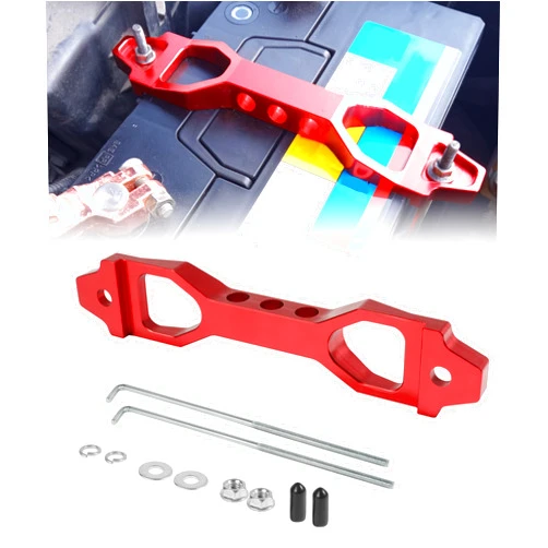 UBOG Battery Tie Down,Battery Hold Down Kit,Car Accessories Battery Bracket,Car Battery Hold Down,Aluminium Alloy Battery Tie Down Bracket with Galvanized Iron J Bolts,Fit Most Vehicles (Red)