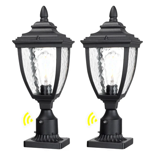 Beionxii Outdoor Post Lanterns, Dusk to Dawn Exterior Lamp Post Light Fixture w/Pier Mount Base, Black Cast Aluminum w/Water Glass - A162PS-2PK