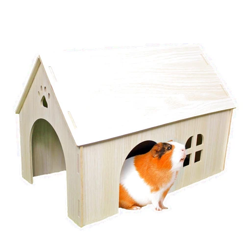 Amonk Guinea Pig Hideout 15x9x10 inch Large Size Wooden House with Window and Roof Natural Wood Hut Habitats Decor for Bunny, Chinchillas, Dwarf Rabbits, Hamsters, and Other Small Pet Animals