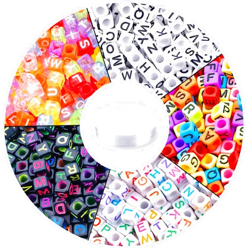 Augshy 1400pcs 5 Color Cube Alphabet Beads Bracelet Letter Beads for Bracelets Making with 1 Roll 50M Crystal String Cord for Jewelry Making（6mm）