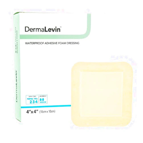 DermaRite's DermaLevin Waterproof Adhesive Foam Island Dressing, Absorbent Wound Care with Border, Sterile - 4 in. x 4 in., 1 Count, 10 Packs, 10 Total