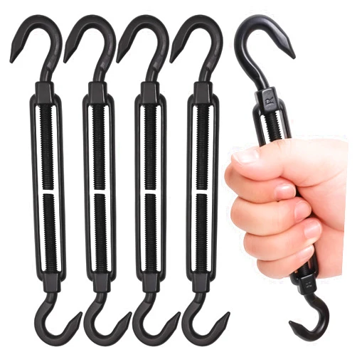 Toyeah 4PCS M8 Black PVC Coating Hook & Hook M8 Turnbuckle, 304 Stainless Steel Adjustable Turnbuckle Wire Rope Tensionior, 400LBS Heavy Duty Turnbuckle for Cables Wire, Sun Shade, Hanging, Tent Installation