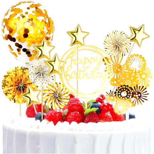 Yuntop Cake Topper Decoration Set Acrylic Glitter Happy Birthday Cake Topper with Confetti Balloon Paper Fans Stars Firework Cupcake Toppers for Gold Theme Decor Girl Women Birthday Party Supplies (Gold)