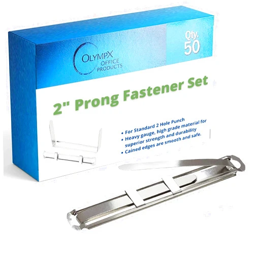 OLYMPX 50 Pcs of 2” Capacity Premium Metal Prong Paper Fastener Complete Set, 2.75 Inch Base with Standard 2-Hole Punch Compressor for Paper File Folder, 50 per Box