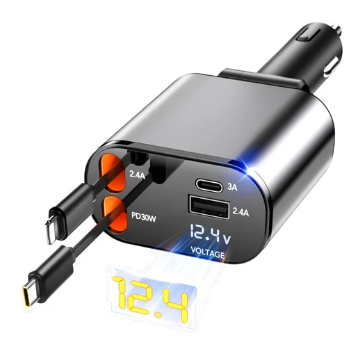 EloBeth Retractable Car Charger, 4 in 1 Fast Car Phone Charger 66W, 2 Retractable Cables and USB Car Charger, Compatible with iPhone 16/15/14/13/12/11,Galaxy,Pixel