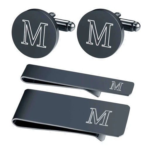 BodyJ4You 4PC Cufflinks, Tie Bar, Money Clip - Initial A-Z Alphabet Letter - Stainless Steel Men's Cuff Links Shirt Tie Suit - Fathers Day Wedding Groom Gift Box