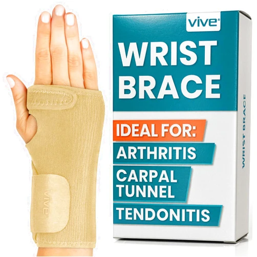 Vive Wrist Brace - Carpal Tunnel Hand Compression Support Wrap for Men, Women, Tendinitis, Bowling, Sports Injuries Pain Relief - Removable Splint - Universal Ergonomic Fit (Beige, Right)