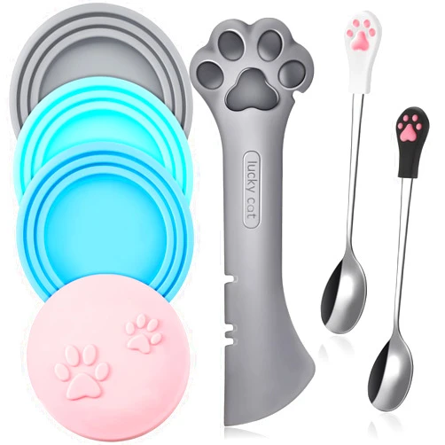 Patelai 7 Pieces Pet Food Can Supplies Set Include 4 Pieces Silicone Pet Can Covers Cat Can Lids 1 Pieces Multifunctional Pet Can Opener and 2 Pieces Dog Claw Spoons for Pets Dogs Cats Feeding Can