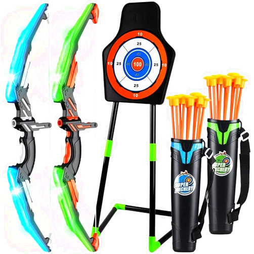TeganPlay Bow and Arrow Set for Kids 2-Pack LED Light Up Archery Set with 20 Suction Cup Arrows Archery Toy Set with Standing Target & 2 Quivers Indoor & Outdoor Toy for Boys Girls Children Ages 3-12
