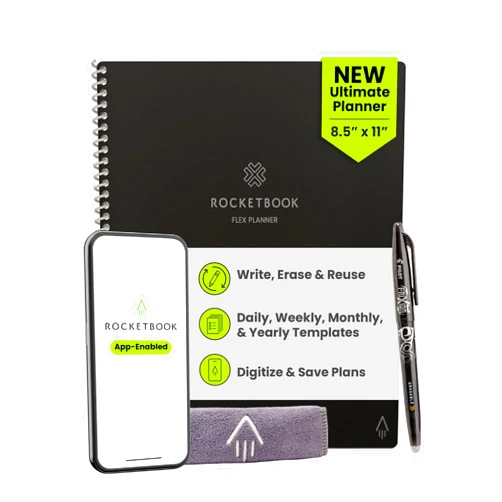 Rocketbook Flex Reusable Planner, Smart Undated, Daily, Weekly, Monthly, Annual Calendar Templates, Letter Size 8.5x11, Black (Pack of 1)