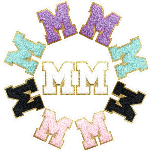 TXSN 10PCS Self Adhesive Chenille Letter Patches, Colorful Iron on Letter Glitter Patches Varsity Patches, M