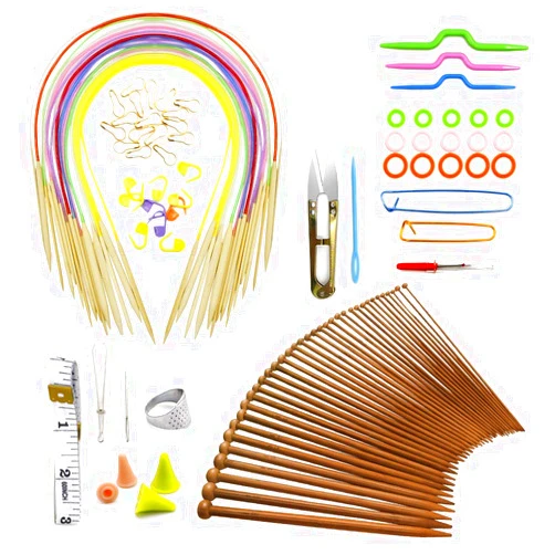 RioRand Knitting Needles Set,18 Pairs 18 Sizes Bamboo Circular Knitting Needles with Colored Tube + 36 Pcs 18 Sizes Single Bamboo Knitting Needles+ Basic Knitting Tools Accessories