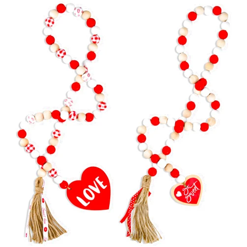 Abitoncc 2PC Valentine's Day Wood Bead Garland with Tassels 41.7inch Sweet Love Wooden Bead Garlands with Heart Shaped Sign, Farmhouse Tiered Tray Decor Wood Beads for Valentine Home Decor