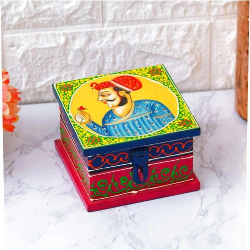 Generic Artistic Bay Rajasthani Haat and Craft Decorative Wood Jewellery Box with Handicraft Painting on top for Women Jewel Organizer/Gifting Purpose