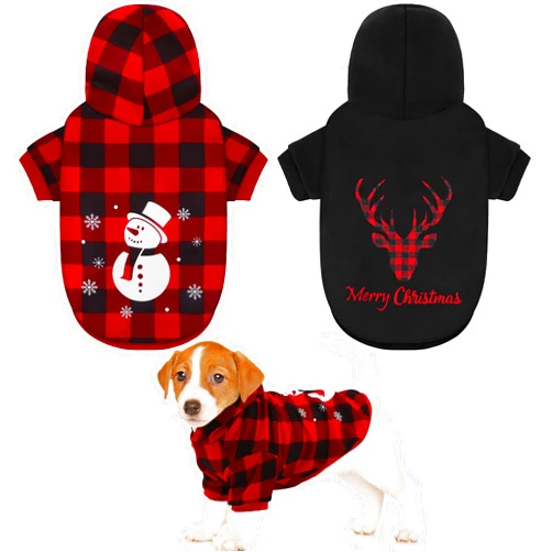 Pedgot 2 Pack Christmas Dog Hoodie Xmas Dog Clothes Pet Sweaters with Hat Warm Buffalo Plaid Dog Hoodie with Snowman Black Dog Hoodie Sweater with Elk Winter Dog Apparel for Pet, Large