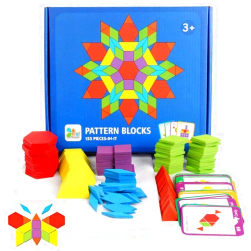 JCREN Wooden Pattern Blocks Montessori Toys Shape Puzzles Kindergarten Classic Educational Tangram Geometric Brain Teaser Toys Best STEM Gift for Kids Ages 4-8 with 24 Pcs Design Cards