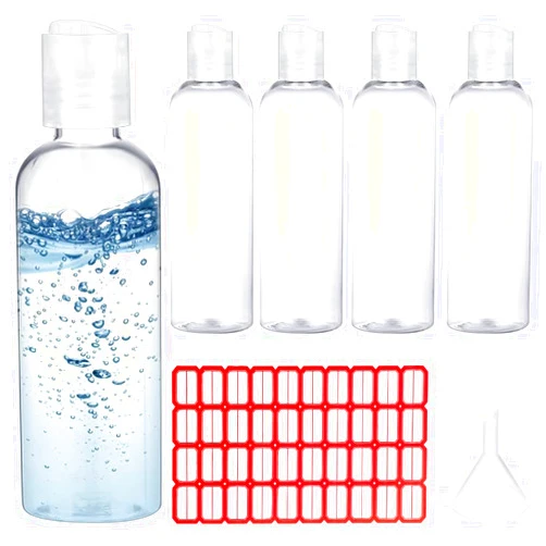 IDeep Plastic Travel Bottles with Disc Cap, 5pcs 3.4oz Portable Travel Size Containers Refillable Empty Bottles Leak Proof Squeeze Bottles with Labels Funnel for Shampoo Toiletries Lotion Conditioner