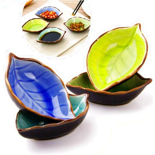 Aysekone Set of 4 Assorted Color Ceramic Leaf Shape Multipurpose Flavor Dishes Ice Crack Glaze Sauce Vinegar Plate Kitchen Dishes