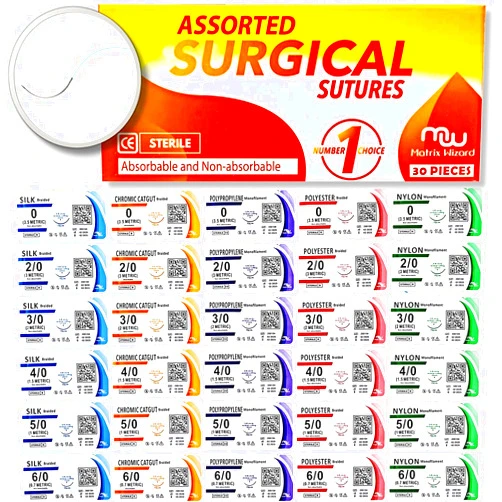 Matrix Wizard Sutures Thread with Needle (30PK Mix Absorbable: Chromic; Non-Absorbable: Silk, Nylon, Polyester, Polypropylene: 0,2-0,3-0,4-0,5-0,6-0) - Surgical Stitch Kit; Medical, Vet, RN's Hospital Training