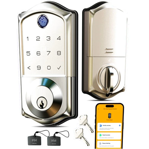 Veise VE017 Fingerprint Smart Door Lock, App Control, 8-in-1 Keyless Entry, Auto Lock, Emergency Power Port, Electronic Touchscreen Keypad, Biometric Smart Locks for Front Door, Satin Nickel