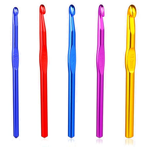 Sliverdew 5 Pcs Crochet Hook Set 6.5m(K)/8mm(L)/9mm(M)/10mm(N)/12mm(O) Large Size Ergonomic Handle Aluminum Knitting Needles Craft Weave Yarn Set Colorful Aluminum Crochet Hook Set