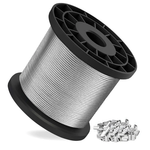 Discount Parts Direct 1/16 Stainless Steel Cable, 328FT Steel Wire, 7x7 Strand Wire Rope, 368 lbs Breaking Strength, with 150 Crimping Sleeves for Outdoor Trellis, String Lights, Hanging Decor, Braided Steel Rope