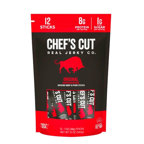 Chef's Cut Real Jerky Chef's Cut Smoked Beef and Pork Jerky Meat Sticks, Original Smokehouse (1 Ounce Stick, Pack of 12) - High Protein, 8g Protein, 90 Calories, Gluten-Free, Individually Wrapped, Keto Friendly Snack, Low Carb Snack